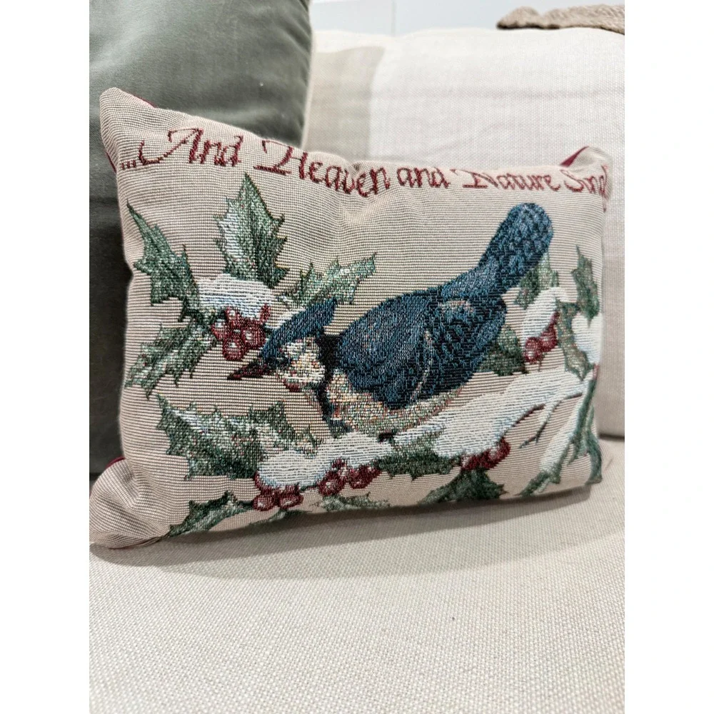 VTG Tapestry Pillow Christmas Bird Burgundy Nature cottagecore cabin festive